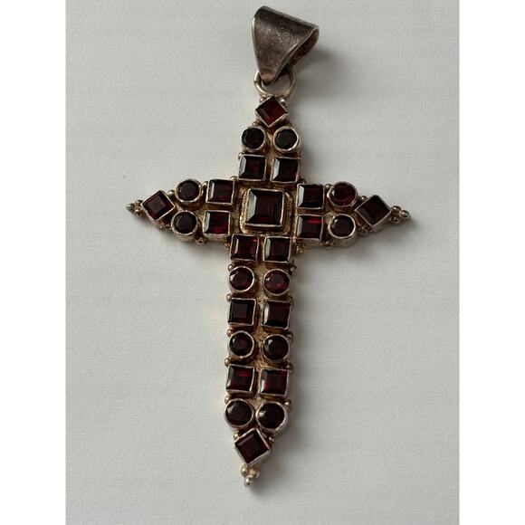 Huge Sterling Silver & Garnets Cross 3" Statement Pendant Tested Whimsigoth - Picture 2 of 4